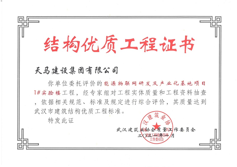 2021年結(jié)構(gòu)優(yōu)質(zhì)工程證書（能源物聯(lián)網(wǎng)研發(fā)及產(chǎn)業(yè)化基地項目1#實驗樓）